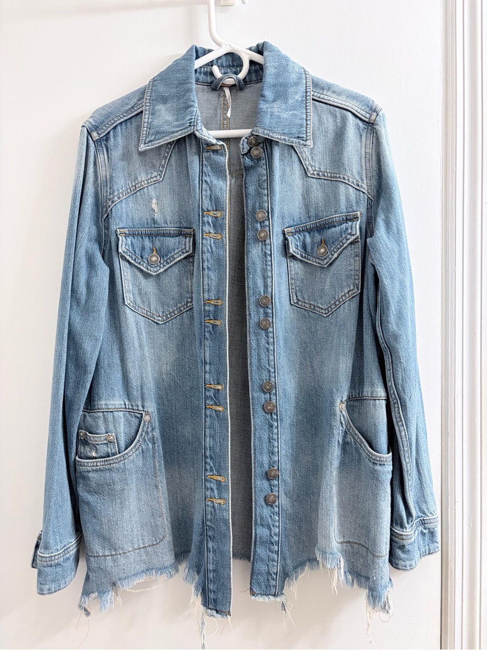 Free People Light Blue Distressed Denim Jacket - Women